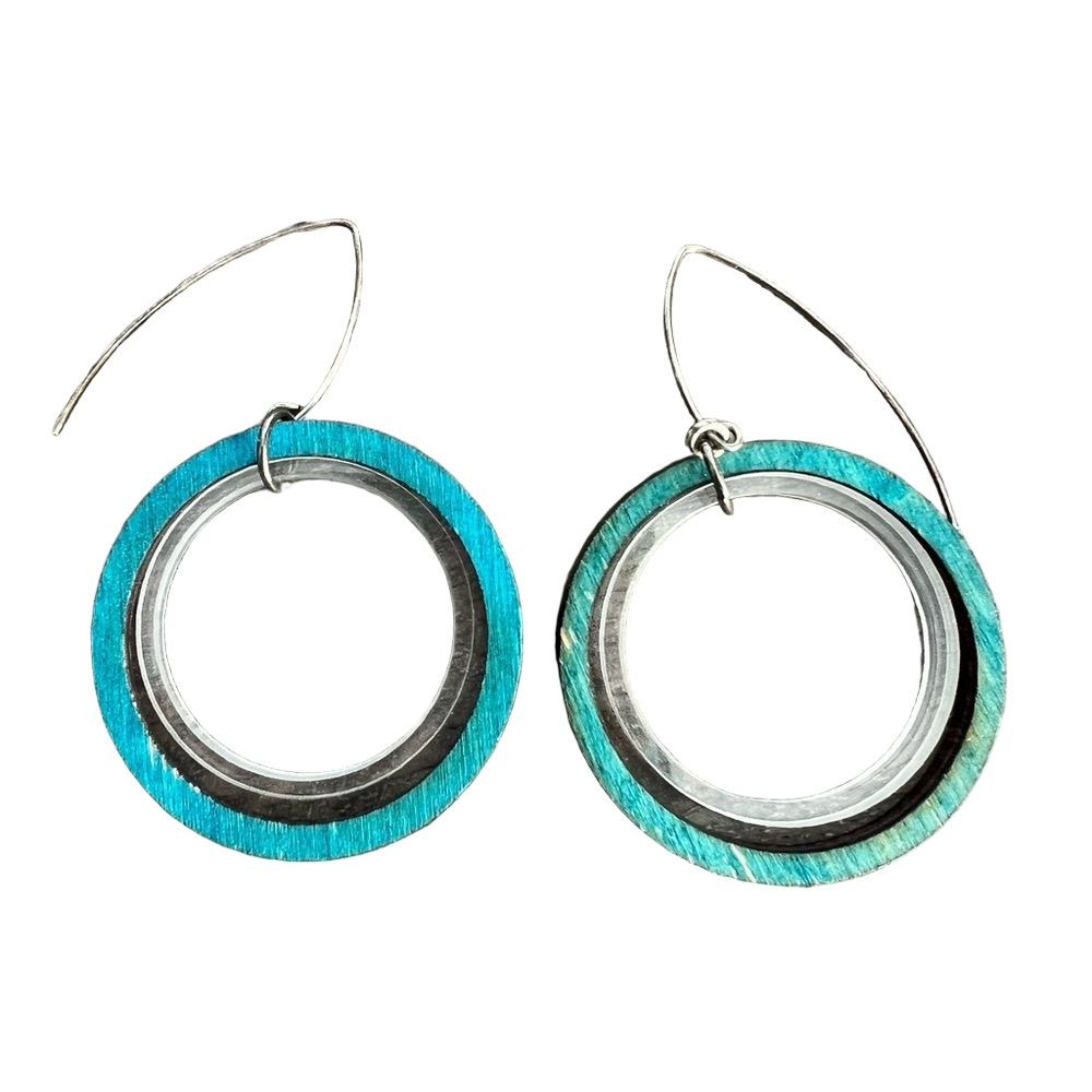 🍭6/$30 Handpainted handmade turquoise tone double ring dangle drop earrings